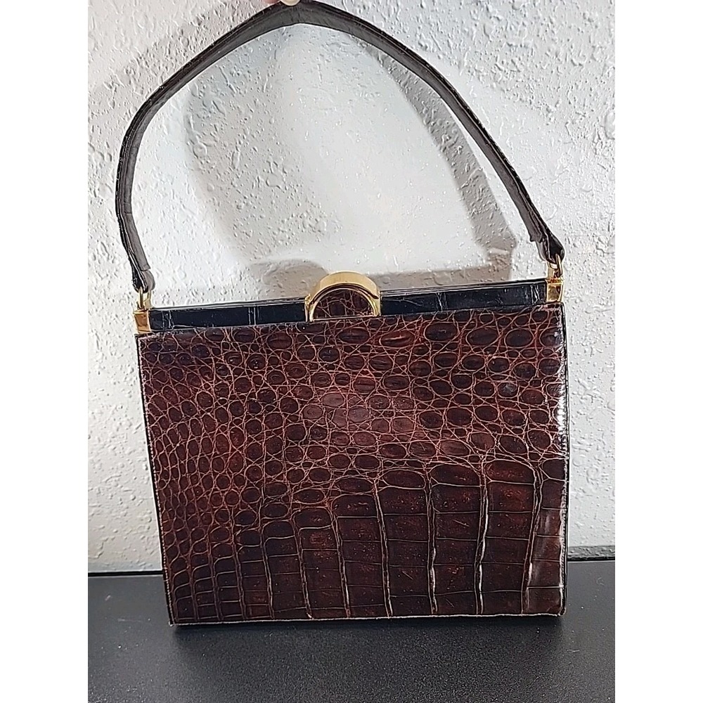 Vtg Bellestone Genuine Alligator Handbag Brown Exotic‎ Skin 1950s  Coin Mirror